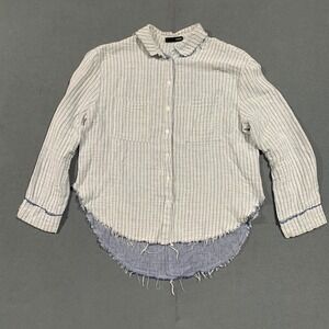 On Blue Womens Button Down Shirt‎ Blue Striped Frayed Hem Cotton Oversized Beach